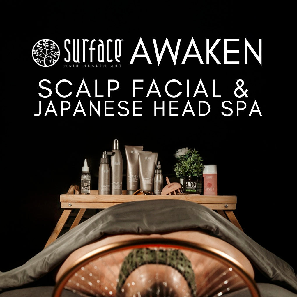 Image for Surface Awaken scalp facial and Japanese head spa with products on a table.